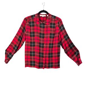 Preston & York‎ Shirt Women's Size 10 Red Black 100% Silk Button Up Long Sleeve